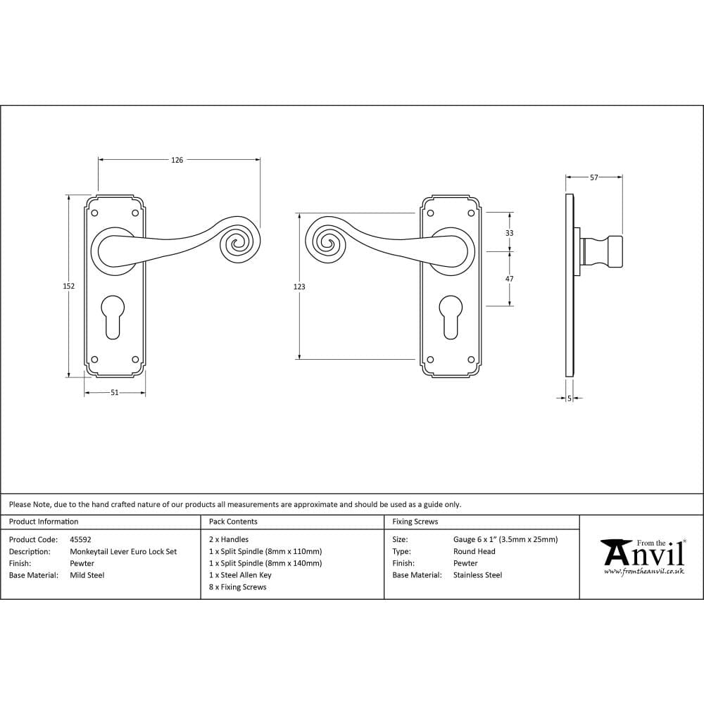 From The Anvil Door Furniture Pewter Patina / Euro Profile Lock Handles From The Anvil - Pewter Monkeytail Lever Euro Lock Set