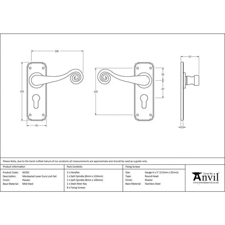 From The Anvil Door Furniture Pewter Patina / Euro Profile Lock Handles From The Anvil - Pewter Monkeytail Lever Euro Lock Set