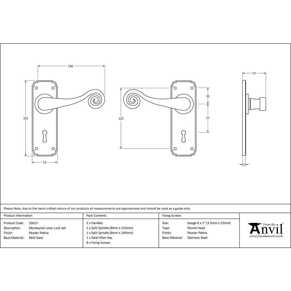 From The Anvil Door Furniture Pewter Patina / Std. Lock Handles From The Anvil - Pewter Monkeytail Lever Lock Set
