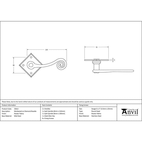 From The Anvil Door Furniture Pewter Patina / Round Rose From The Anvil - Pewter Monkeytail Lever on Rose Set (Diamond)