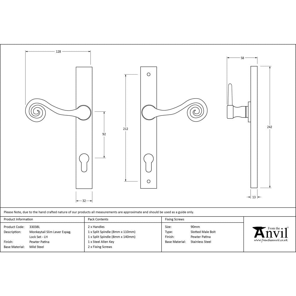From The Anvil Door Furniture Pewter Patina / Multi Point Lock Set / 92mm c/c From The Anvil - Pewter Monkeytail Slimline Lever Espag. Lock Set - LH