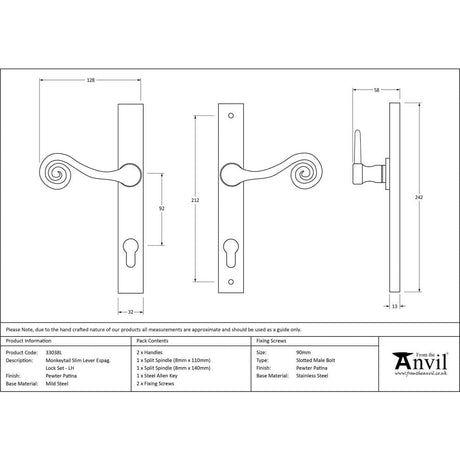 From The Anvil Door Furniture Pewter Patina / Multi Point Lock Set / 92mm c/c From The Anvil - Pewter Monkeytail Slimline Lever Espag. Lock Set - LH
