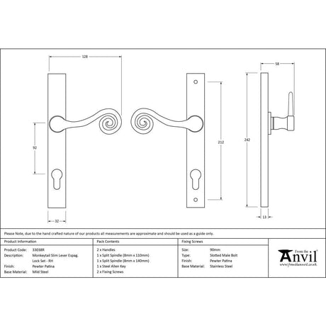 From The Anvil Door Furniture Pewter Patina / Multi Point Lock Set / 92mm c/c From The Anvil - Pewter Monkeytail Slimline Lever Espag. Lock Set - RH