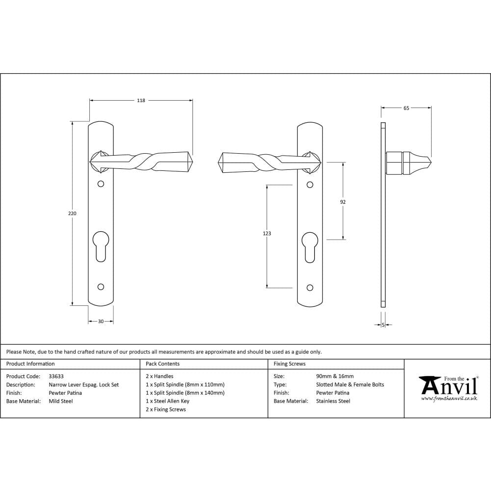 From The Anvil Door Furniture Pewter Patina / Multi Point Lock Set / 92mm c/c From The Anvil - Pewter Narrow Lever Espag. Lock Set