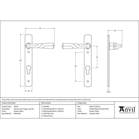 From The Anvil Door Furniture Pewter Patina / Multi Point Lock Set / 92mm c/c From The Anvil - Pewter Narrow Lever Espag. Lock Set