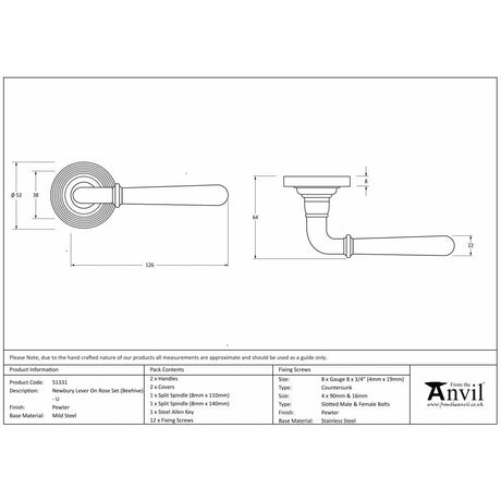 From The Anvil Door Furniture Pewter Patina / Round Rose From The Anvil - Pewter Newbury Lever on Rose Set (Art Deco) - Unsprung
