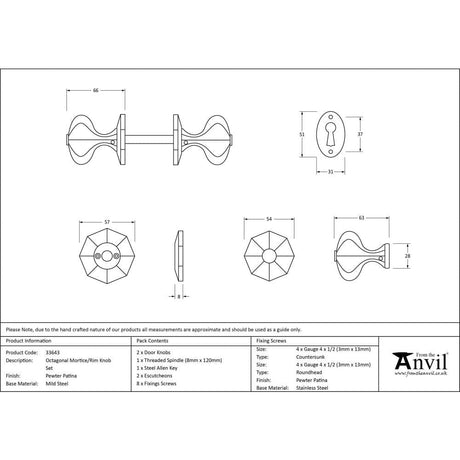 From The Anvil Door Furniture Pewter Patina / Mortice/Rim Knobs From The Anvil - Pewter Octagonal Mortice/Rim Knob Set
