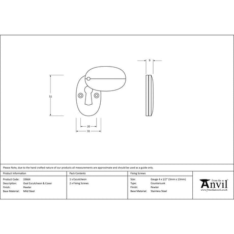From The Anvil Door Furniture Pewter Patina / Mortice Key Profile Escutcheons From The Anvil - Pewter Oval Escutcheon & Cover