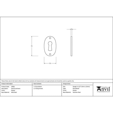 From The Anvil Door Furniture Pewter Patina / Mortice Key Profile Escutcheons From The Anvil - Pewter Oval Escutcheon