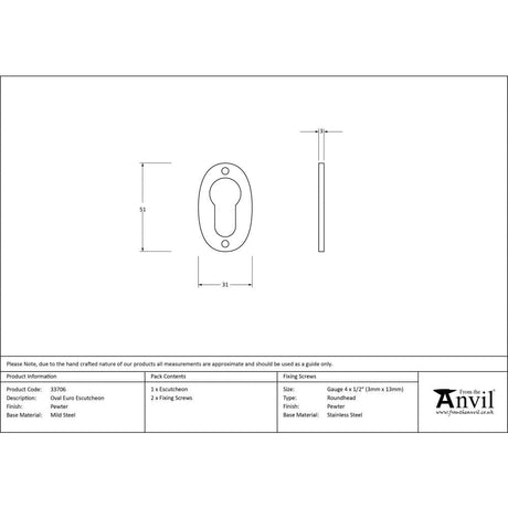 From The Anvil Door Furniture Pewter Patina / Euro Profile Escutcheons From The Anvil - Pewter Oval Euro Escutcheon