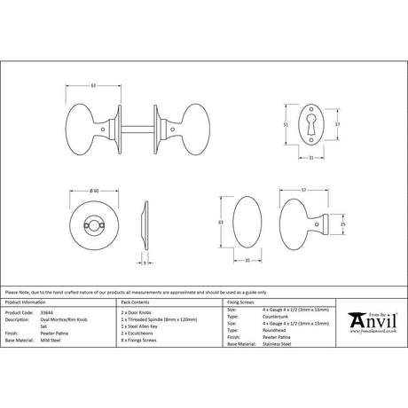 From The Anvil Door Furniture Pewter Patina / Mortice/Rim Knobs From The Anvil - Pewter Oval Mortice/Rim Knob Set