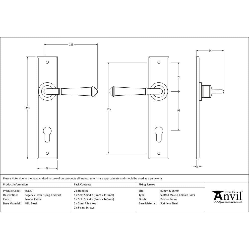 From The Anvil Door Furniture Pewter Patina / Multi Point Lock Set / 92mm c/c From The Anvil - Pewter Regency Lever Espag. Lock Set