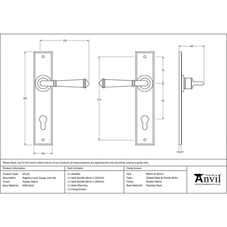 From The Anvil Door Furniture Pewter Patina / Multi Point Lock Set / 92mm c/c From The Anvil - Pewter Regency Lever Espag. Lock Set