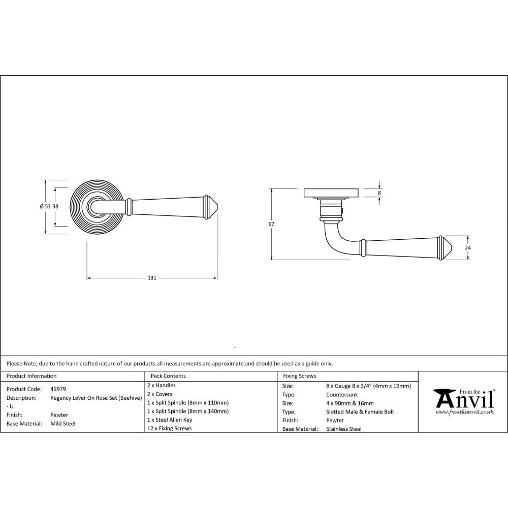 From The Anvil Door Furniture Pewter Patina / Round Rose From The Anvil - Pewter Regency Lever on Rose Set (Beehive) - Unsprung