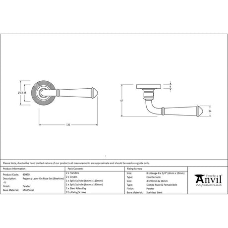 From The Anvil Door Furniture Pewter Patina / Round Rose From The Anvil - Pewter Regency Lever on Rose Set (Beehive) - Unsprung