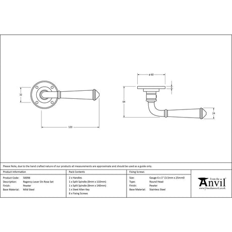 From The Anvil Door Furniture Pewter Patina / Round Rose From The Anvil - Pewter Regency Lever on Rose Set - Unsprung
