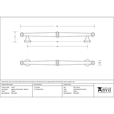 From The Anvil Cabinet Hardware Pewter Patina / Cabinet Pull Handles / Medium From The Anvil - Pewter Regency Pull Handle - Medium
