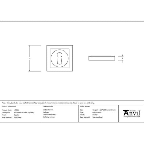From The Anvil Door Furniture Pewter Patina / Mortice Key Profile Escutcheons From The Anvil - Pewter Round Escutcheon (Square)
