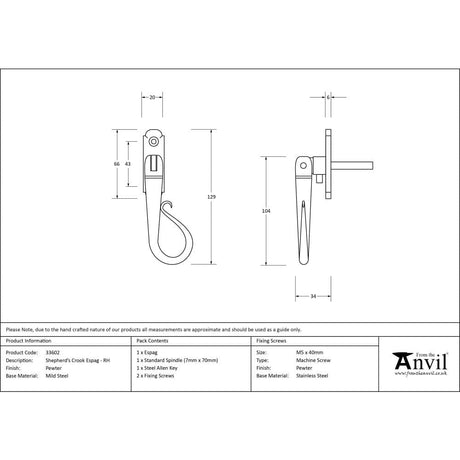 From The Anvil Window Furniture Pewter Patina / Right Hand / Yes From The Anvil - Pewter Shepherd's Crook Espag - RH