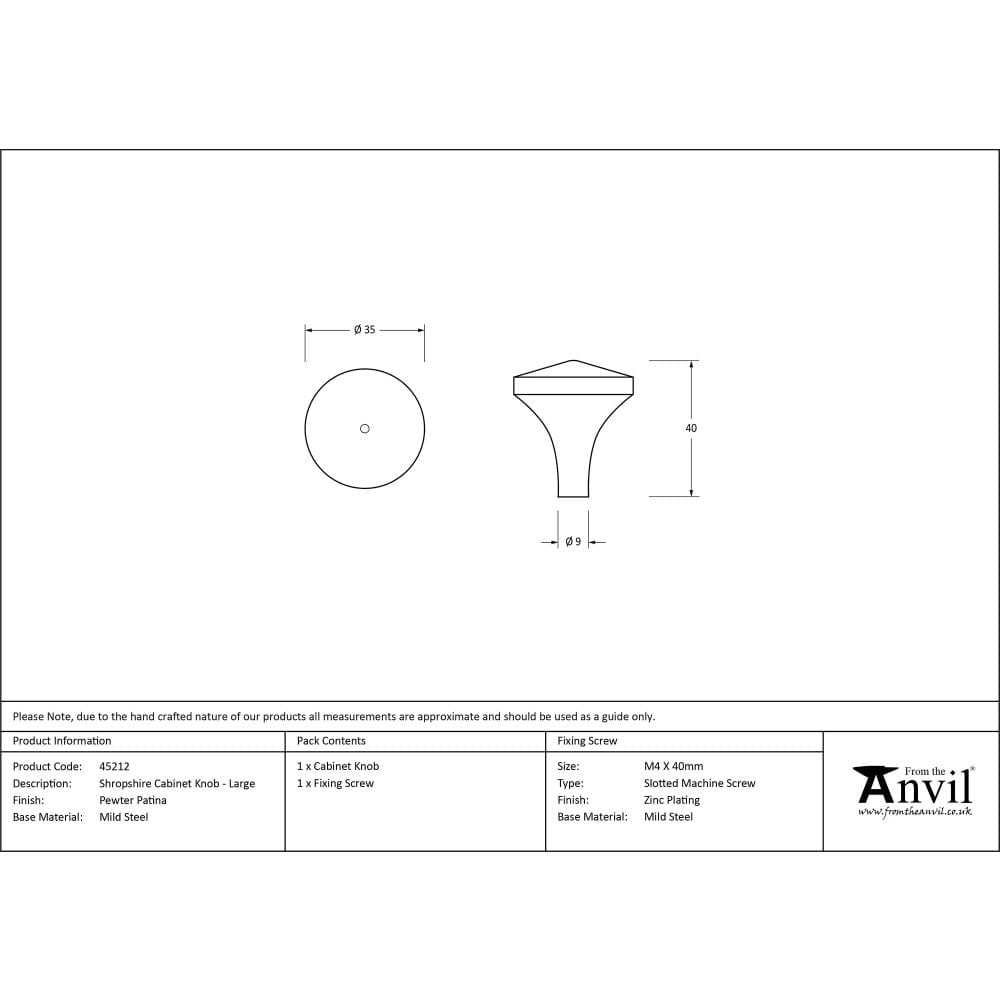 From The Anvil Cabinet Hardware Pewter Patina / Cabinet Knobs / Large From The Anvil - Pewter Shropshire Cabinet Knob - Large