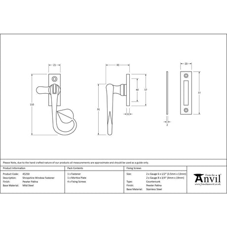 From The Anvil Window Furniture Pewter Patina / No / Night Vent From The Anvil - Pewter Shropshire Window Fastener