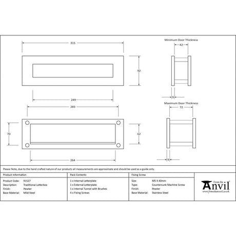 From The Anvil Door Furniture Pewter Patina / Sleeved Letterbox / 315 x 92mm From The Anvil - Pewter Traditional Letterbox
