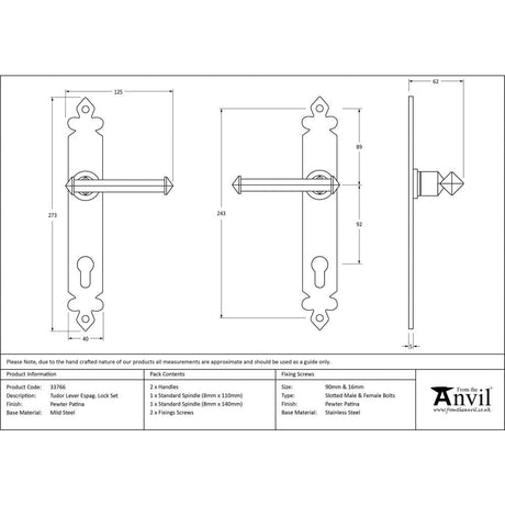 From The Anvil Door Furniture Pewter Patina / Multi Point Lock Set / 92mm c/c From The Anvil - Pewter Tudor Lever Espag. Lock Set
