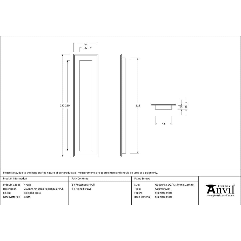 From The Anvil Door Furniture Polished Brass / Flush Handle / Rectangular From The Anvil - Polished Brass 250mm Art Deco Rectangular Pull