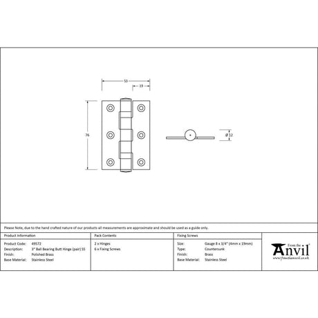 From The Anvil Hinges Polished Brass / Ball Bearing Hinges / 3" (76mm) From The Anvil - Polished Brass 3" Ball Bearing Butt Hinge (pair) ss