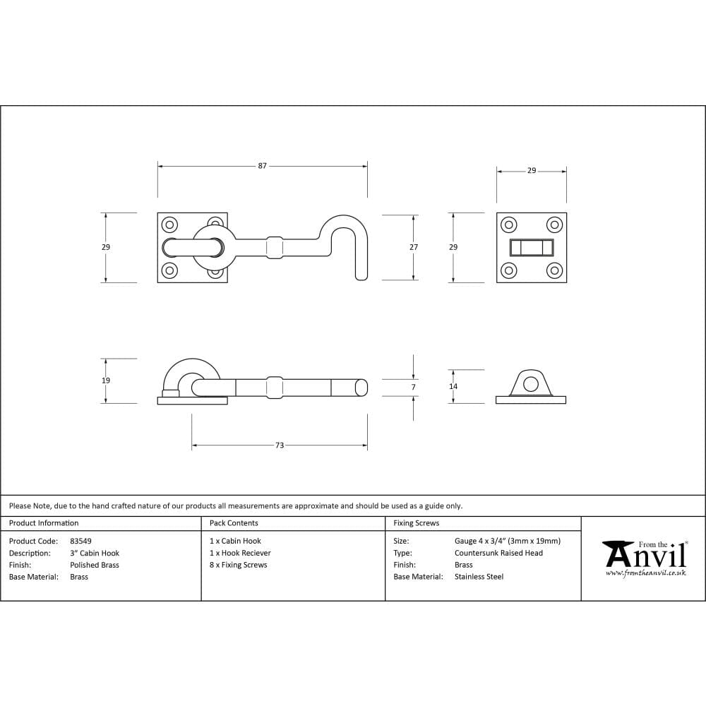 From The Anvil Accessories Polished Brass / Cabin Hooks / 3" / 75mm From The Anvil - Polished Brass 3" Cabin Hook