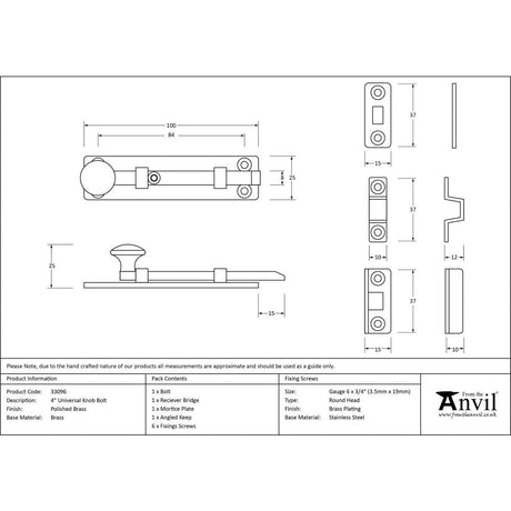 From The Anvil Accessories Polished Brass / Straight Surface Bolts / 100mm / 4" From The Anvil - Polished Brass 4" Universal Bolt