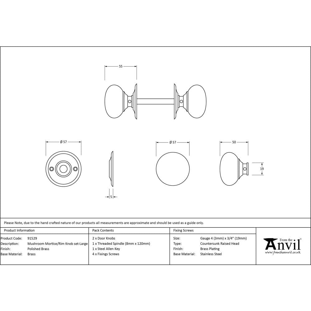 From The Anvil Door Furniture Polished Brass / Mortice/Rim Knobs From The Anvil - Polished Brass 57mm Mushroom Mortice/Rim Knob Set