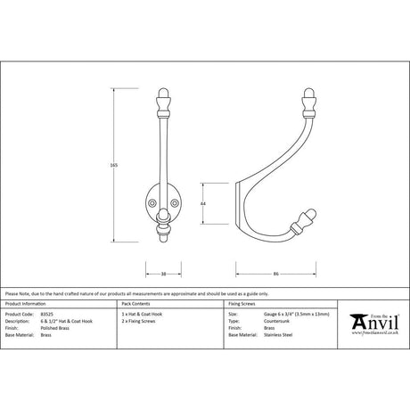 From The Anvil Accessories Polished Brass / Hat & Coat Hooks From The Anvil - Polished Brass 6 1/2" Hat & Coat Hook