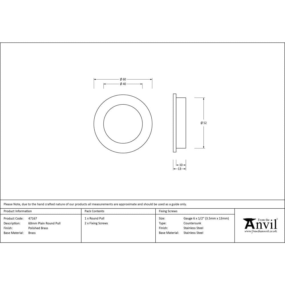 From The Anvil Door Furniture Polished Brass / Flush Handle / Round From The Anvil - Polished Brass 60mm Plain Round Pull