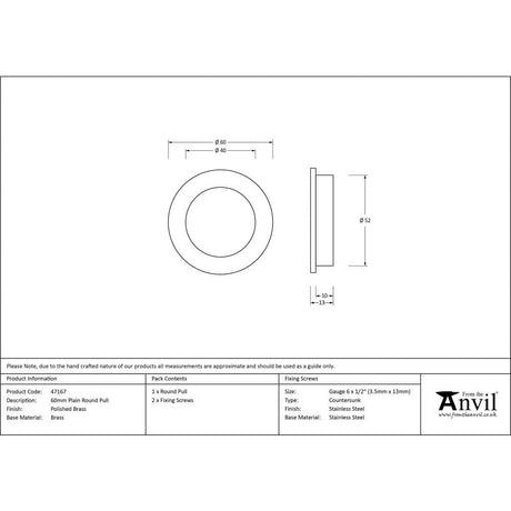 From The Anvil Door Furniture Polished Brass / Flush Handle / Round From The Anvil - Polished Brass 60mm Plain Round Pull
