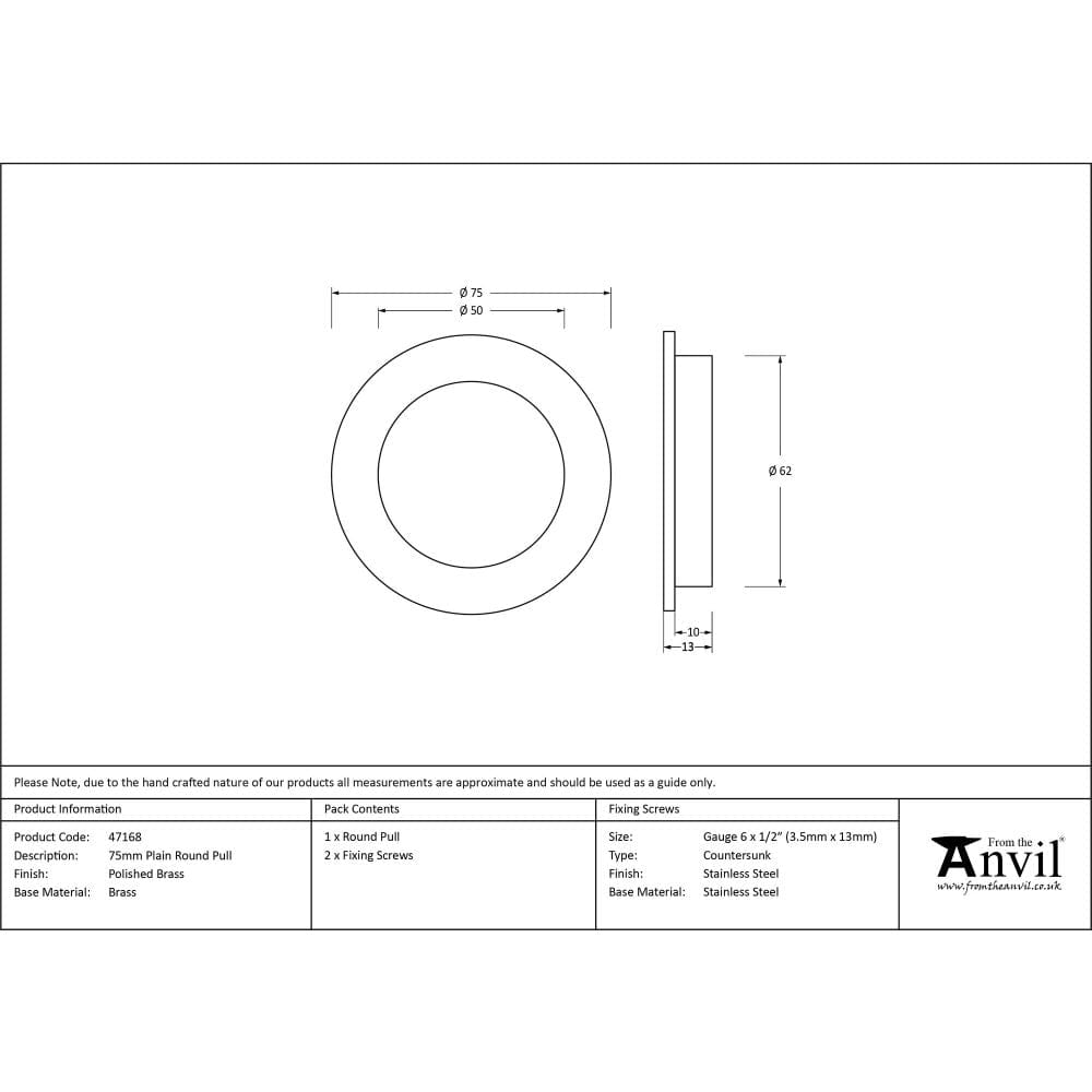 From The Anvil Door Furniture Polished Brass / Flush Handle / Round From The Anvil - Polished Brass 75mm Plain Round Pull