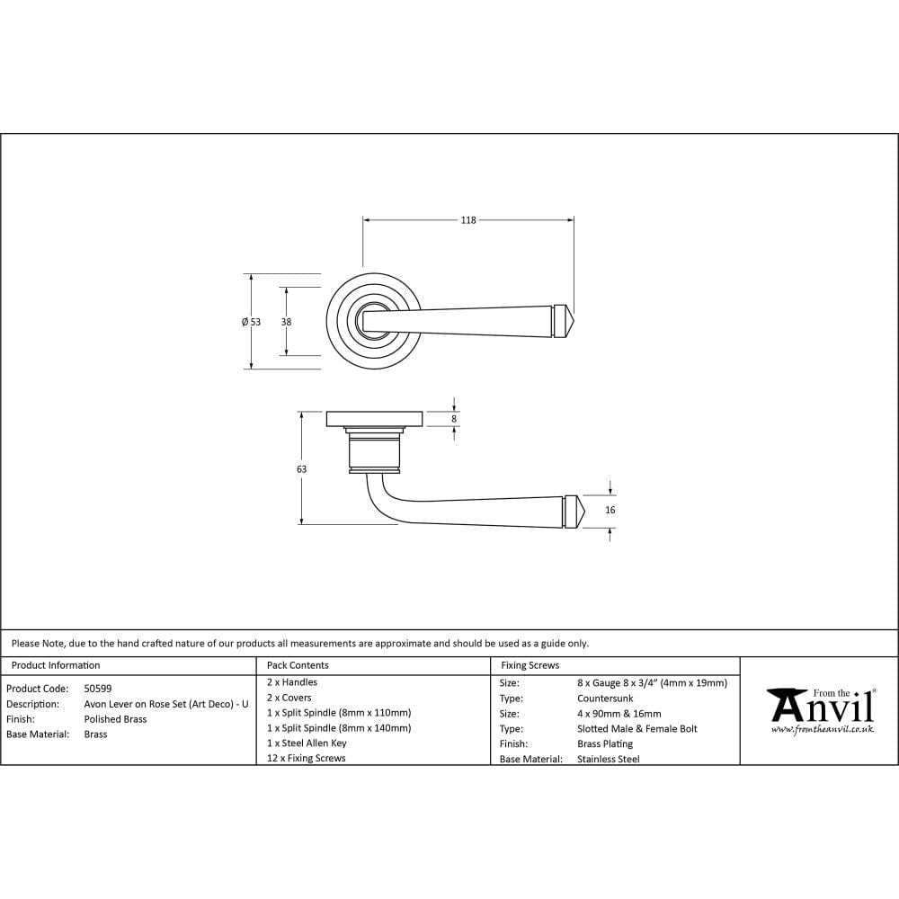 From The Anvil Door Furniture Polished Brass / Round Rose From The Anvil - Polished Brass Avon Round Lever on Rose Set (Art Deco) - Unsprung