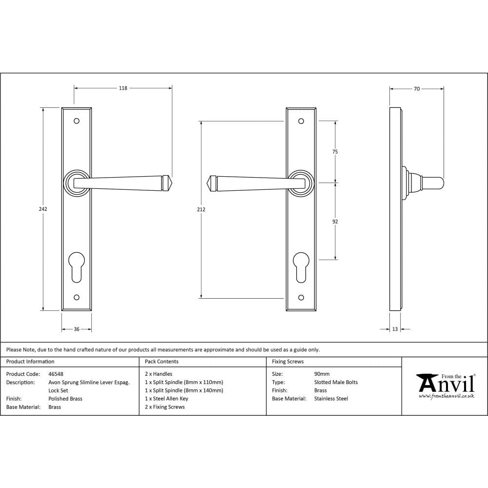 From The Anvil Door Furniture Polished Brass / Multi Point Lock Set / 92mm c/c From The Anvil - Polished Brass Avon Slimline Lever Espag. Lock Set