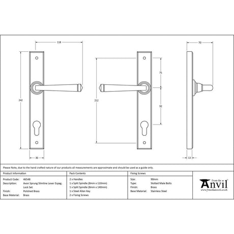 From The Anvil Door Furniture Polished Brass / Multi Point Lock Set / 92mm c/c From The Anvil - Polished Brass Avon Slimline Lever Espag. Lock Set