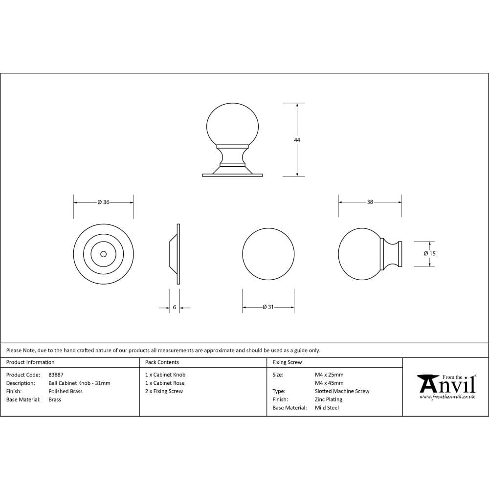 From The Anvil Cabinet Hardware Polished Brass / Cabinet Knobs / 31mm Dia. From The Anvil - Polished Brass Ball Cabinet Knob 31mm