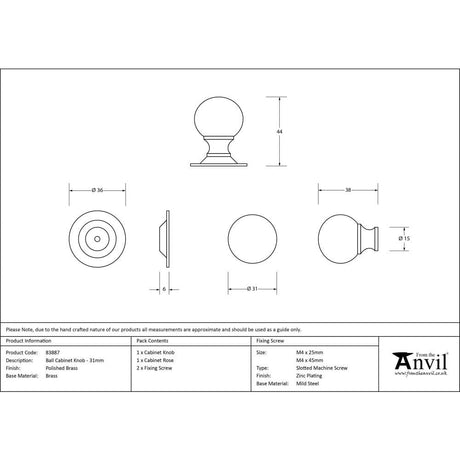 From The Anvil Cabinet Hardware Polished Brass / Cabinet Knobs / 31mm Dia. From The Anvil - Polished Brass Ball Cabinet Knob 31mm