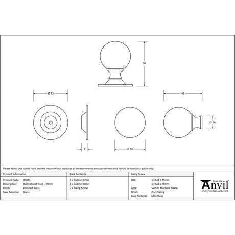 From The Anvil Cabinet Hardware Polished Brass / Cabinet Knobs / 39mm Dia. From The Anvil - Polished Brass Ball Cabinet Knob 39mm