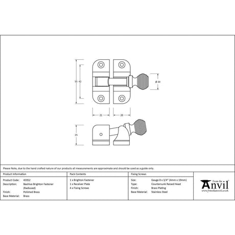 From The Anvil Window Furniture Polished Brass / Sash Window Brighton Fasteners / Yes From The Anvil - Polished Brass Beehive Brighton Fastener (Radiused)