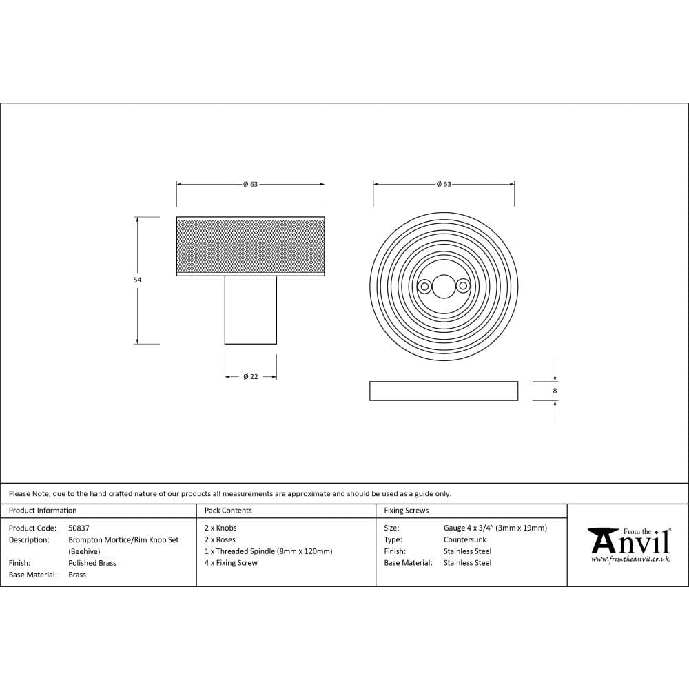 From The Anvil Door Furniture Polished Brass / Mortice/Rim Knobs From The Anvil - Polished Brass Brompton Mortice/Rim Knob Set (Beehive)
