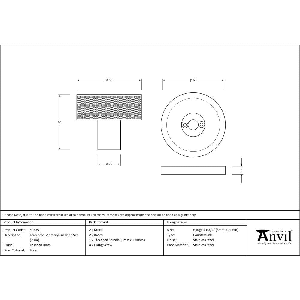 From The Anvil Door Furniture Polished Brass / Mortice/Rim Knobs From The Anvil - Polished Brass Brompton Mortice/Rim Knob Set (Plain)