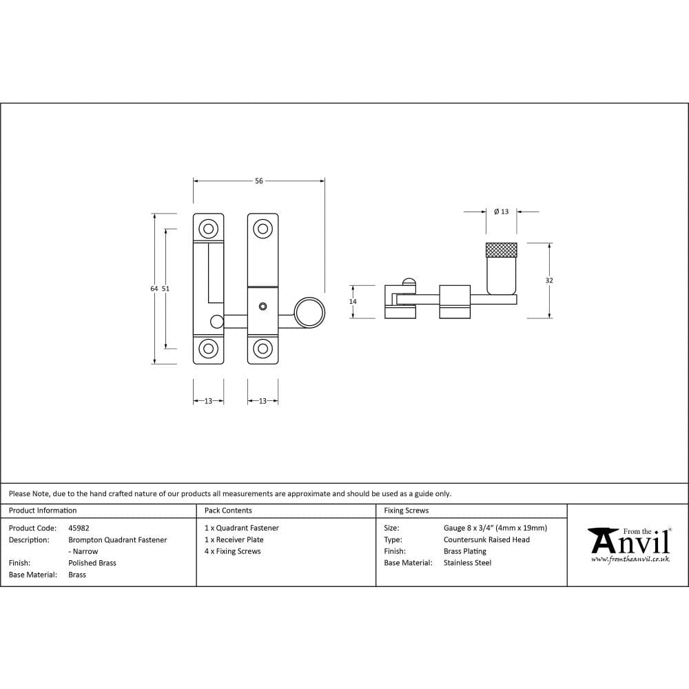 From The Anvil Window Furniture Polished Brass / Sash Window Quadrant Fasteners / Yes From The Anvil - Polished Brass Brompton Quadrant Fastener - Narrow
