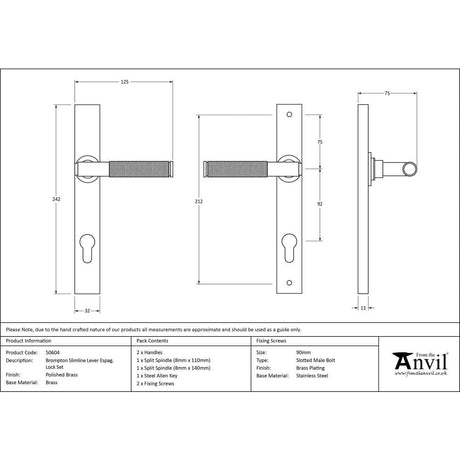 From The Anvil Door Furniture Polished Brass / Multi Point Lock Set / 92mm c/c From The Anvil - Polished Brass Brompton Slimline Lever Espag. Lock Set