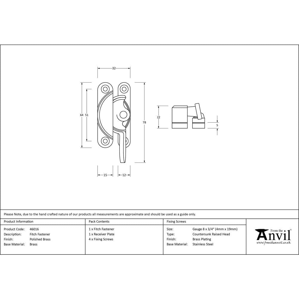 From The Anvil Window Furniture Polished Brass / Sash Window Fitch Fasteners / Yes From The Anvil - Polished Brass Fitch Fastener
