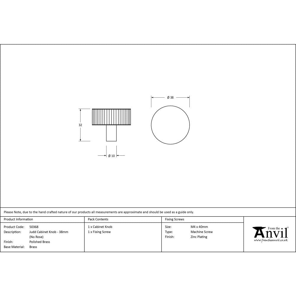 From The Anvil Cabinet Hardware Polished Brass / Cabinet Knobs / 38mm Dia. From The Anvil - Polished Brass Judd Cabinet Knob - 38mm (No Rose)