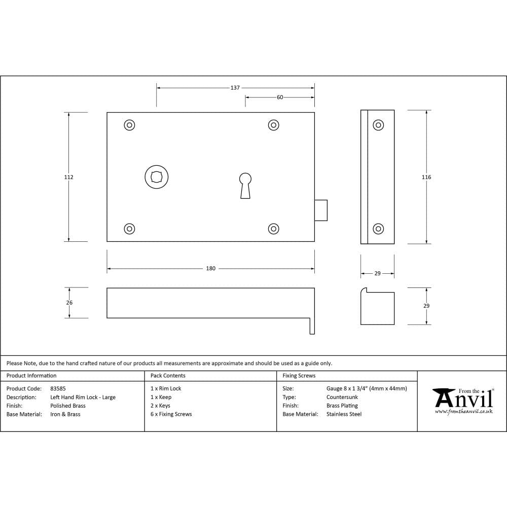 From The Anvil Locks & Latches Polished Brass / Rim Locks From The Anvil - Polished Brass Left Hand Rim Lock - Large